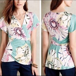 Anthro Deletta Big Floral Print Teal Wrap Ruch Top